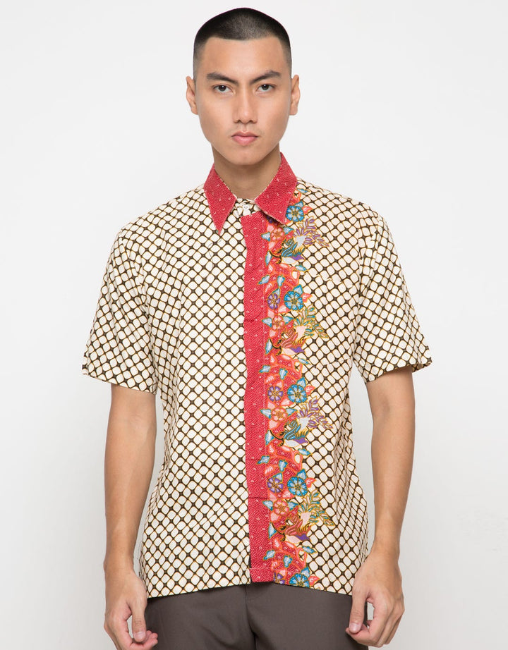 Adikusuma Men's Kawung Background Batik Body Fit Hem