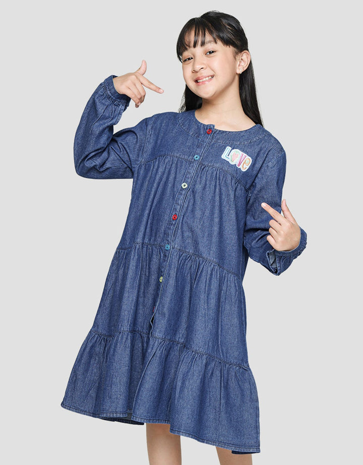 Nevada Long Sleeve Midi Dress Denim Round Neck With Ruffle