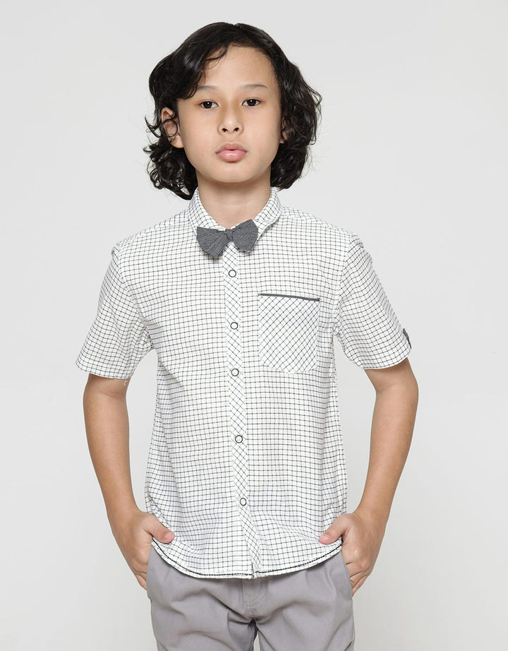 Little M Short Sleeve Print Checked Jute Shirt