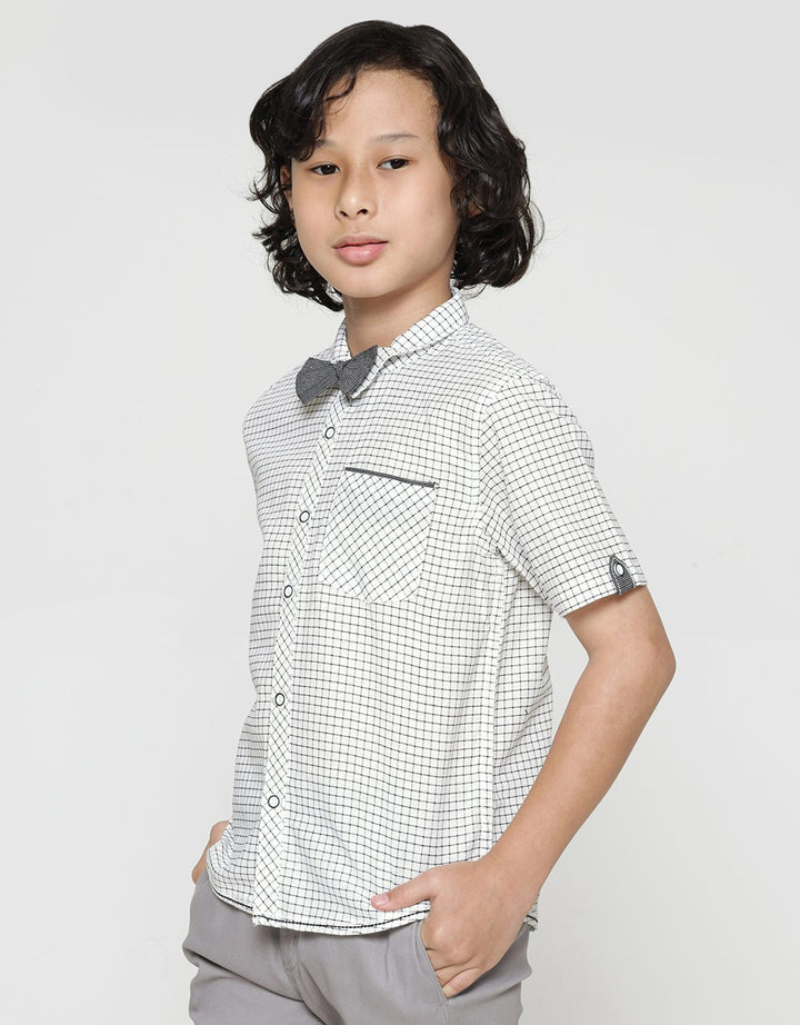 Little M Short Sleeve Print Checked Jute Shirt