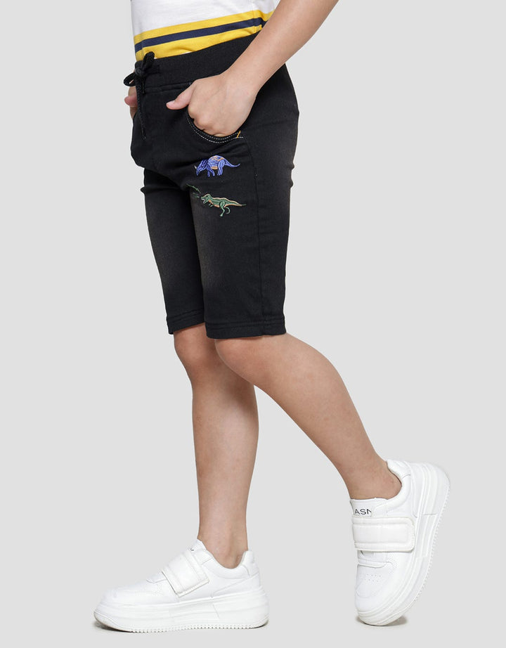Little M Rib Dino Embroidered Boys Denim Shorts