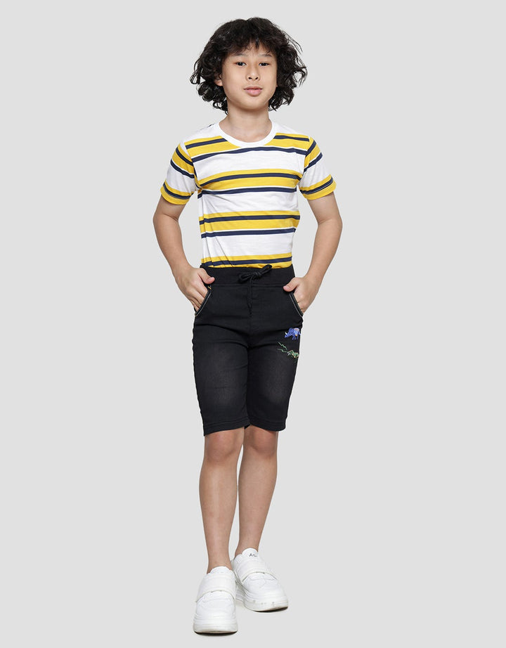 Little M Rib Dino Embroidered Boys Denim Shorts