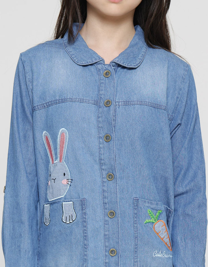 Aero Bunny Washed Accent Kemeja Denim Anak Perempuan