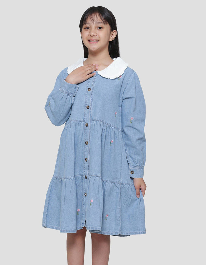 Nevada Contrast Pointy Collar Embro Midi Dress Denim Anak Perempuan