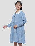 Nevada Contrast Pointy Collar Embro Midi Dress Denim Anak Perempuan