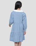 Nevada Contrast Pointy Collar Embro Midi Dress Denim Anak Perempuan