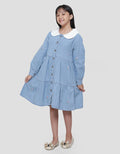Nevada Contrast Pointy Collar Embro Midi Dress Denim Anak Perempuan