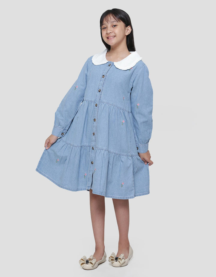Nevada Contrast Pointy Collar Embro Midi Dress Denim Anak Perempuan
