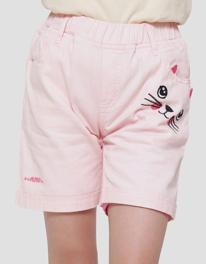 Little M Twill Kantong Bordir Kucing Celana Pendek Anak Perempuan