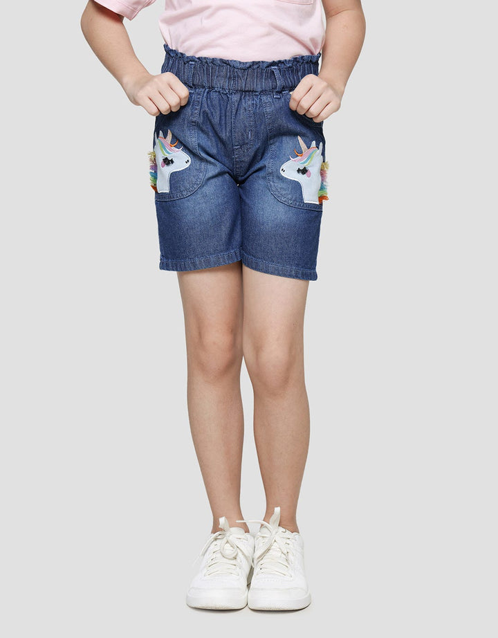 Little M Aplikasi Unicorn Celana Pendek Denim Anak Perempuan