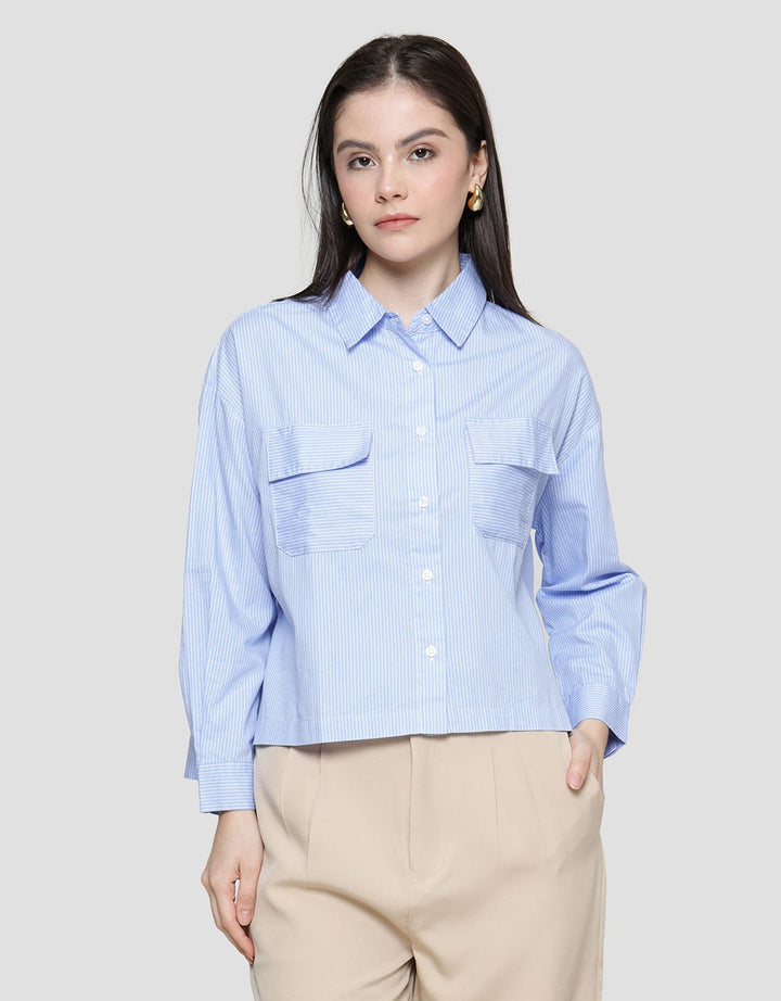 Nevada Stripe Look Woven Kemeja Lengan Panjang Wanita