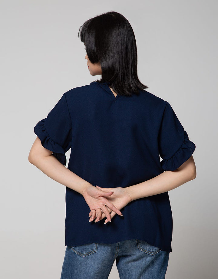 Connexion Short Sleeve Blouse Rayon Twill Plain With Ruffle In Sleeve