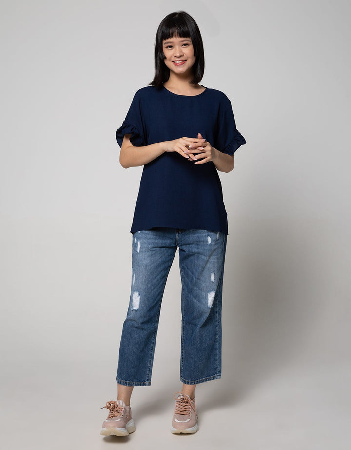 Connexion Short Sleeve Blouse Rayon Twill Plain With Ruffle In Sleeve