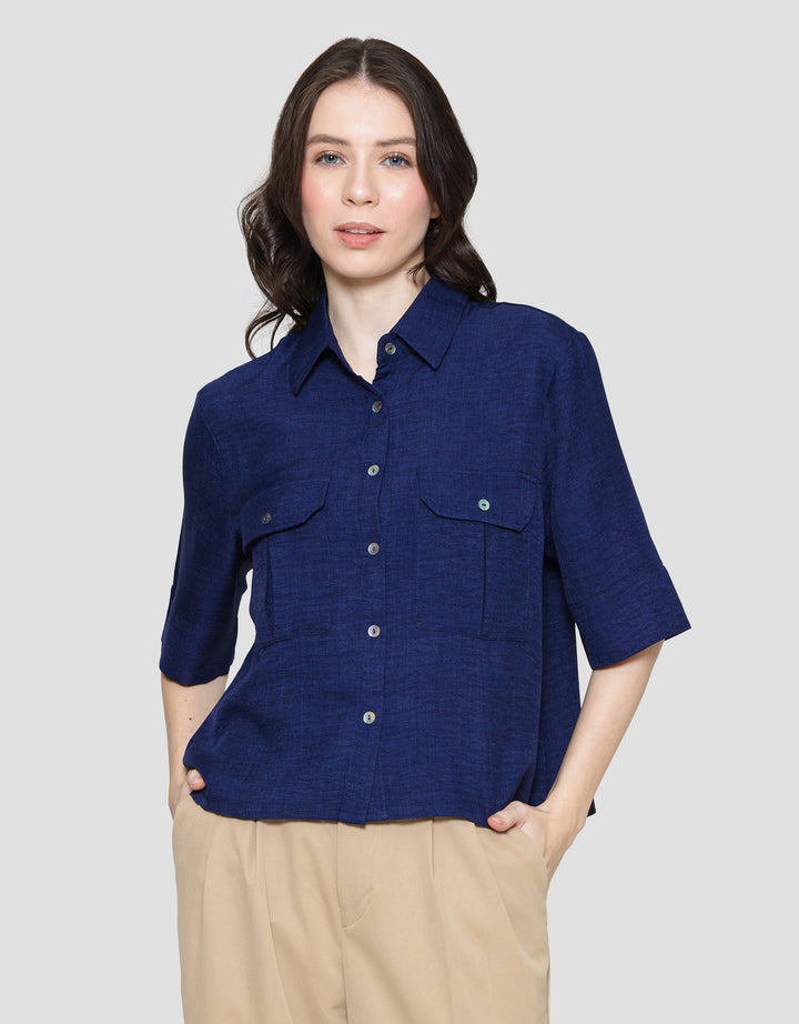 Connexion Linen Denim Pocket Kemeja Wanita
