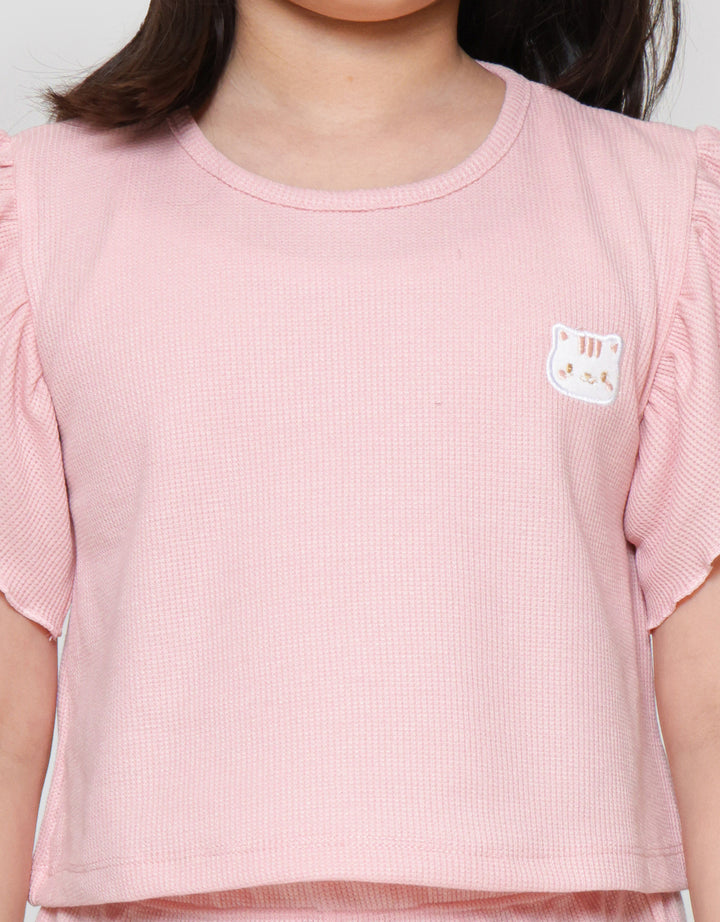 Little M Tekstur Stretch Ruffle Pakaian Set Anak Perempuan