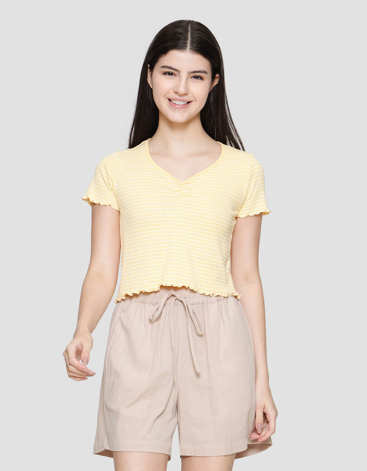 Nevada Print Rib Stripe Kaos Wanita