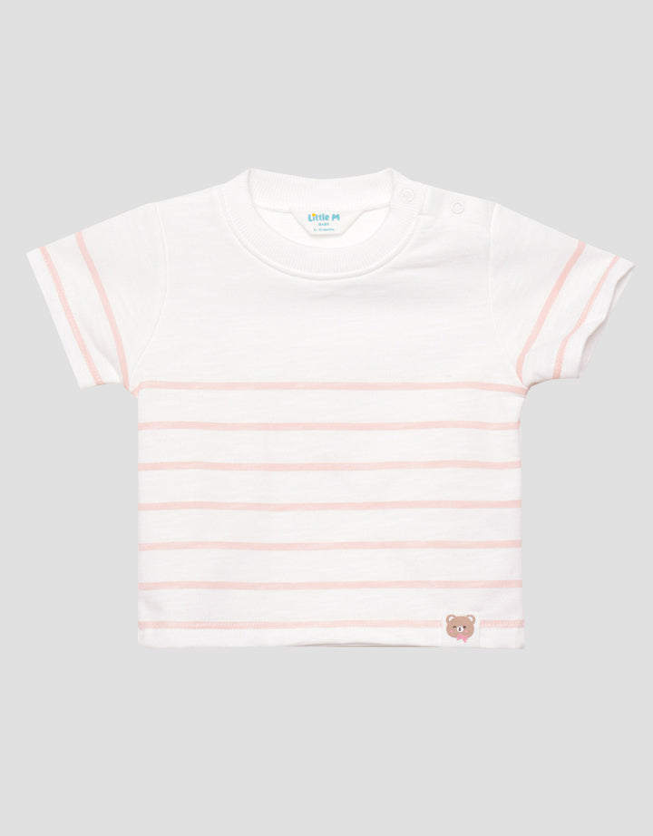 Little M Stripe Patch Bear Kaos Lengan Pendek Anak Perempuan
