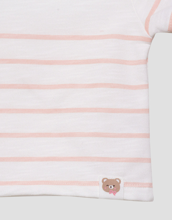 Little M Stripe Patch Bear Kaos Lengan Pendek Anak Perempuan