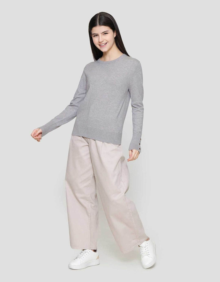 Suko Knit Top Rajut Kerah Bulat Lengan Panjang Kaos Wanita