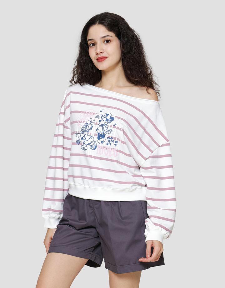 Disney Boatneck Stripe Print Mickey Mouse Sweater Wanita