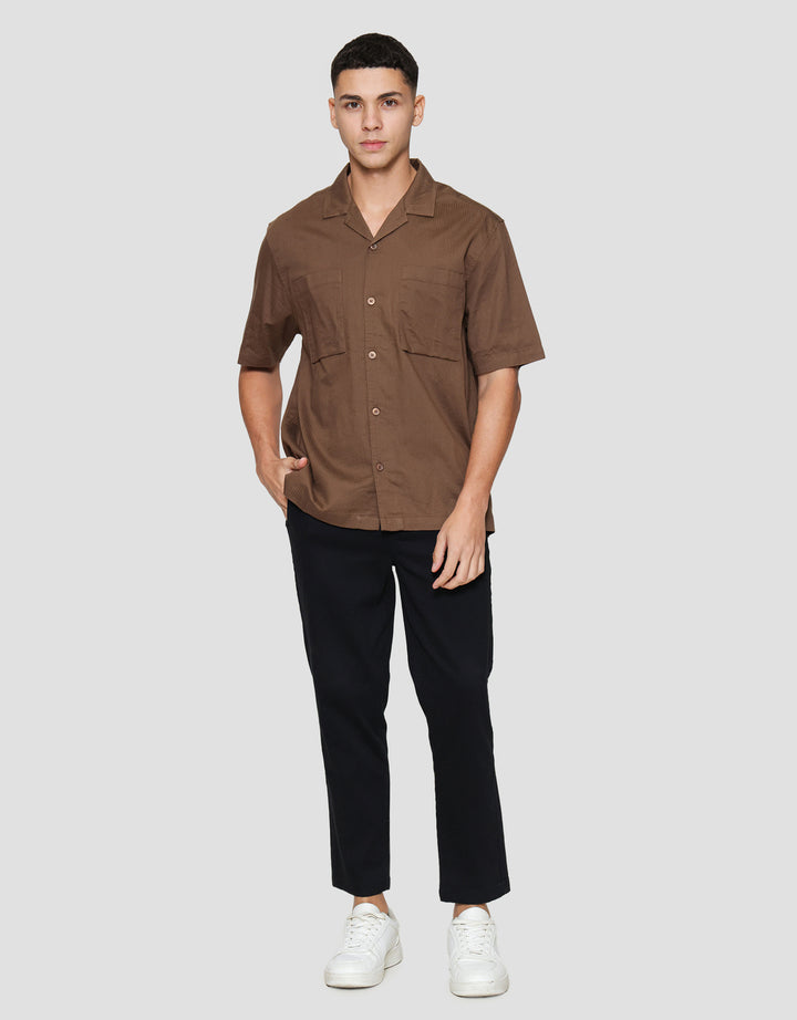 Cole Stripe Camp Colar 2 Pocket Kemeja Lengan Pendek Pria