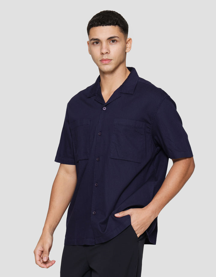 Cole Stripe Camp Colar 2 Pocket Kemeja Lengan Pendek Pria