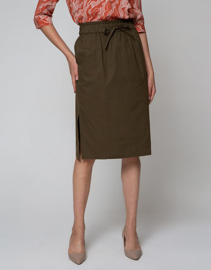 Connexion Midi Skirt Cotton Twill 20S Side Slit Elastic Waist