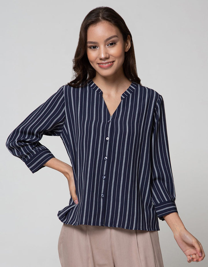 Connexion Long Sleeve Shirt Poly Print Stripes Vneck
