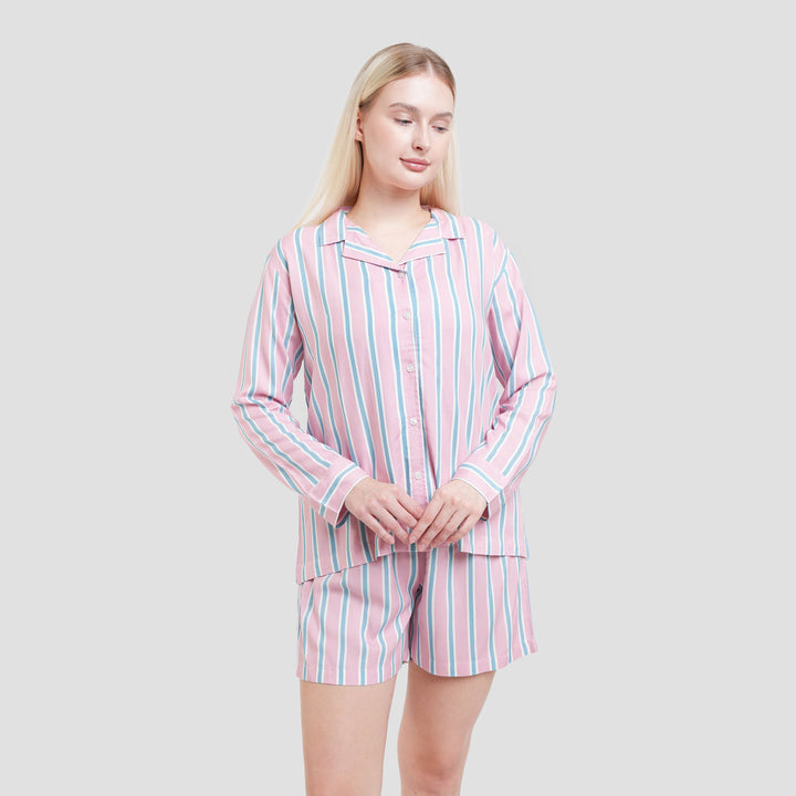 Nevada Woven Stripe Combi Setelan Piyama Wanita