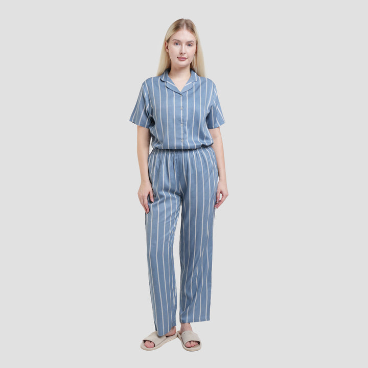 St. Yves Woven Stripe Denim Setelan Piyama Wanita