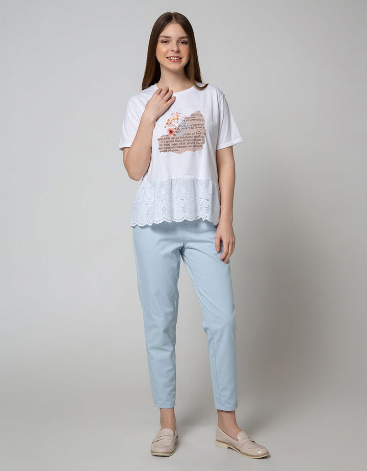 Details Short Sleeve Blouse Knit With Anglais Embro Bottom Print Chest