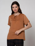 Connexion Short Sleeve Blouse Round Neck Tie Rayon Silk