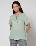Connexion Short Sleeve Blouse Round Neck Tie Rayon Silk