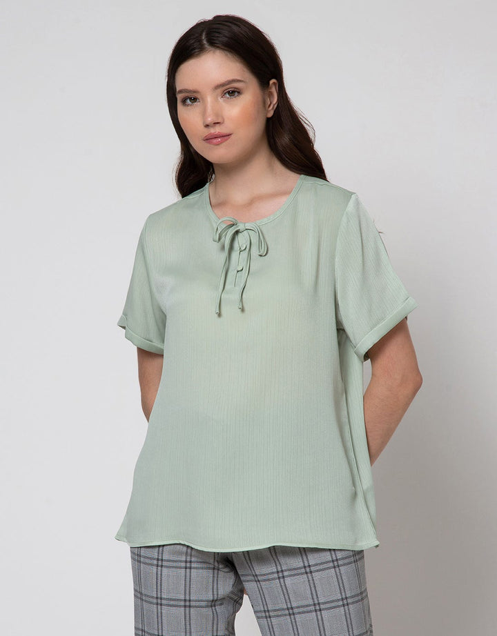 Connexion Short Sleeve Blouse Round Neck Tie Rayon Silk