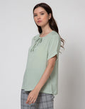 Connexion Short Sleeve Blouse Round Neck Tie Rayon Silk