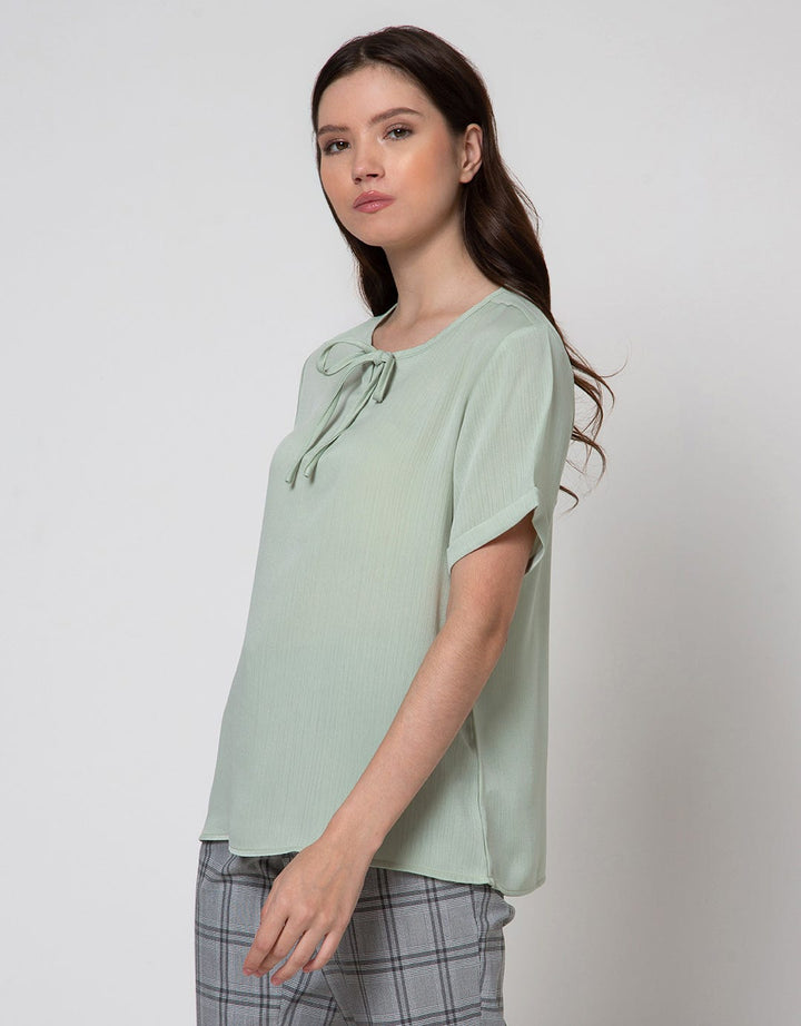 Connexion Short Sleeve Blouse Round Neck Tie Rayon Silk