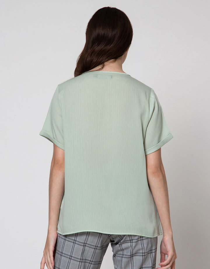 Connexion Short Sleeve Blouse Round Neck Tie Rayon Silk