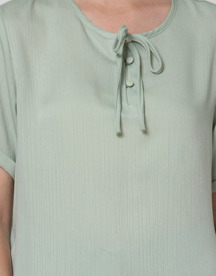 Connexion Short Sleeve Blouse Round Neck Tie Rayon Silk