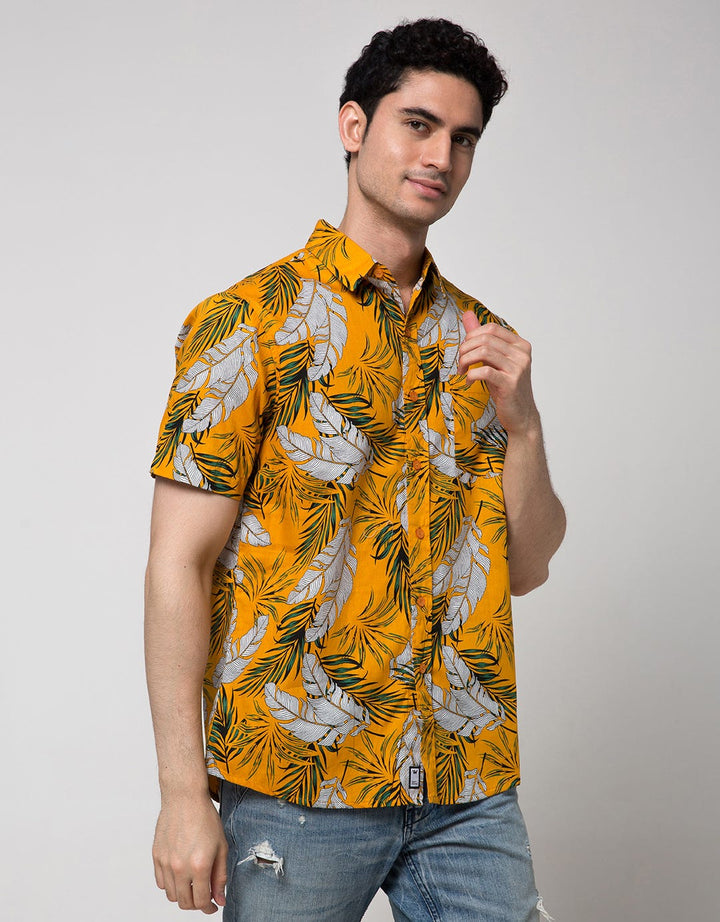 Walrus Kemeja Lengan Pendek Print Leaves Pria