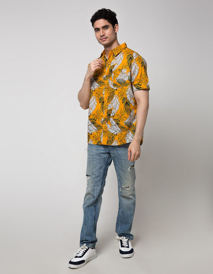 Walrus Kemeja Lengan Pendek Print Leaves Pria