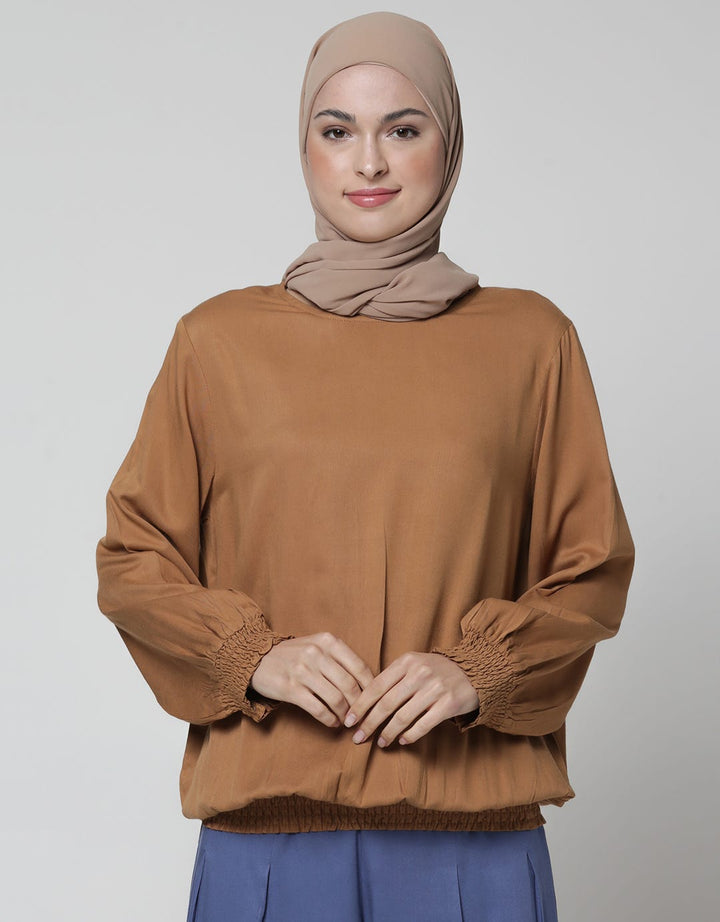 Annisa Long Sleeve Blouse Plain With Smok On Waist And Sleeve Hem