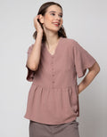 Connexion Short Sleeve Blouse Bell Sleeve Airflow Tiny Button Vneck