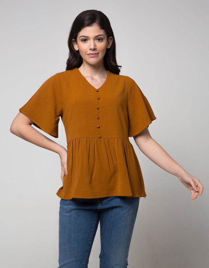 Connexion Short Sleeve Blouse Bell Sleeve Airflow Tiny Button Vneck