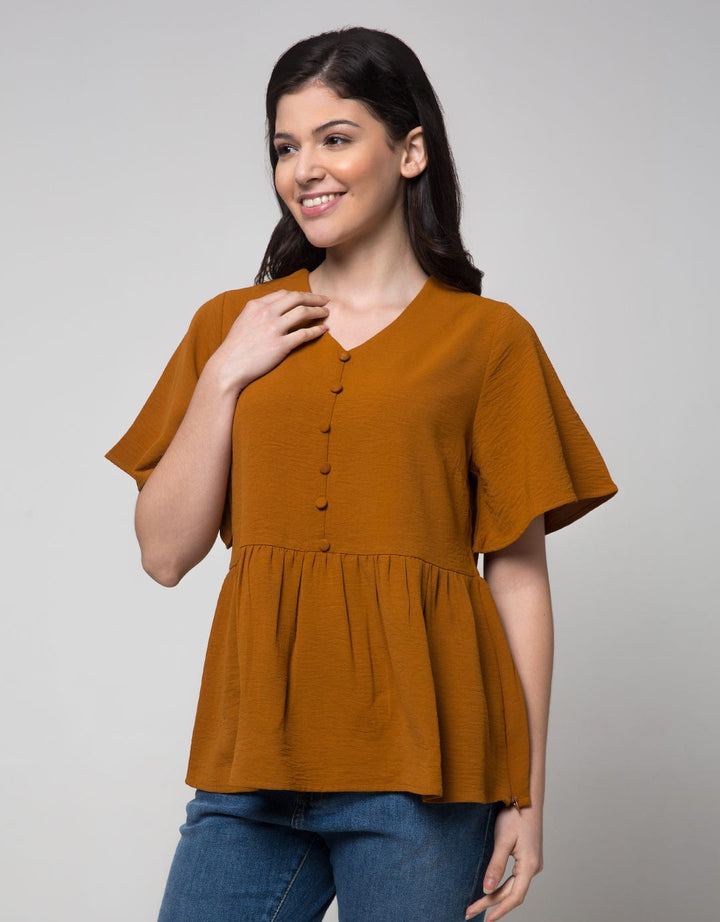 Connexion Short Sleeve Blouse Bell Sleeve Airflow Tiny Button Vneck