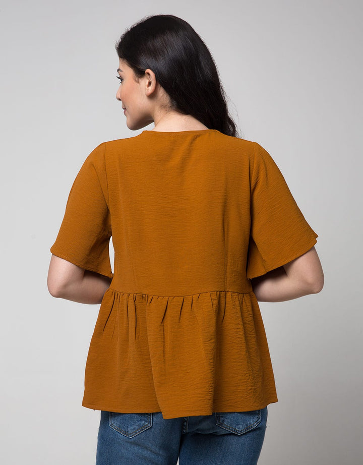 Connexion Short Sleeve Blouse Bell Sleeve Airflow Tiny Button Vneck