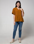 Connexion Short Sleeve Blouse Bell Sleeve Airflow Tiny Button Vneck