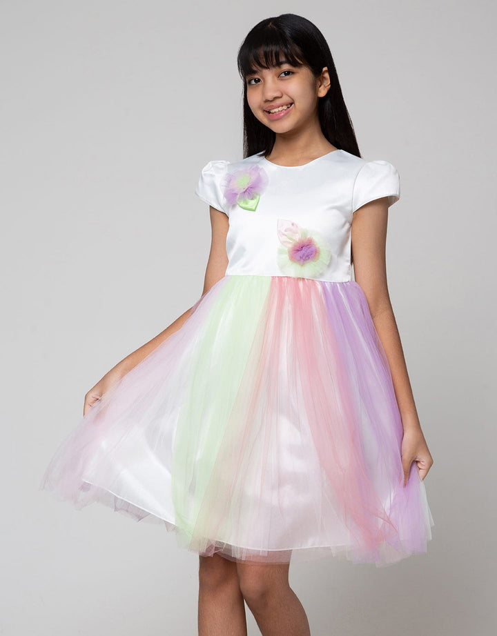 Sweet Miss Short Sleeve Midi Dress Flower Tile Leaves Rainbow Skirt
