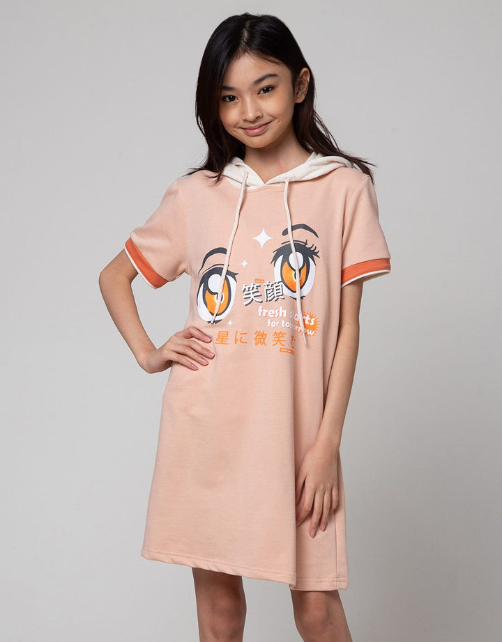 Nevada Short Sleeve Midi Dress Hoodie Print Anime Girl Face