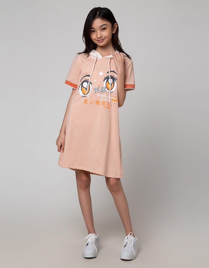 Nevada Short Sleeve Midi Dress Hoodie Print Anime Girl Face