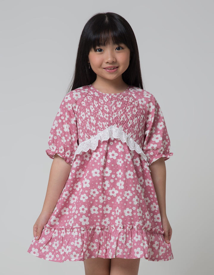 Little M Short Sleeve Midi Dress 3/4 Sleeve Smok With Lace